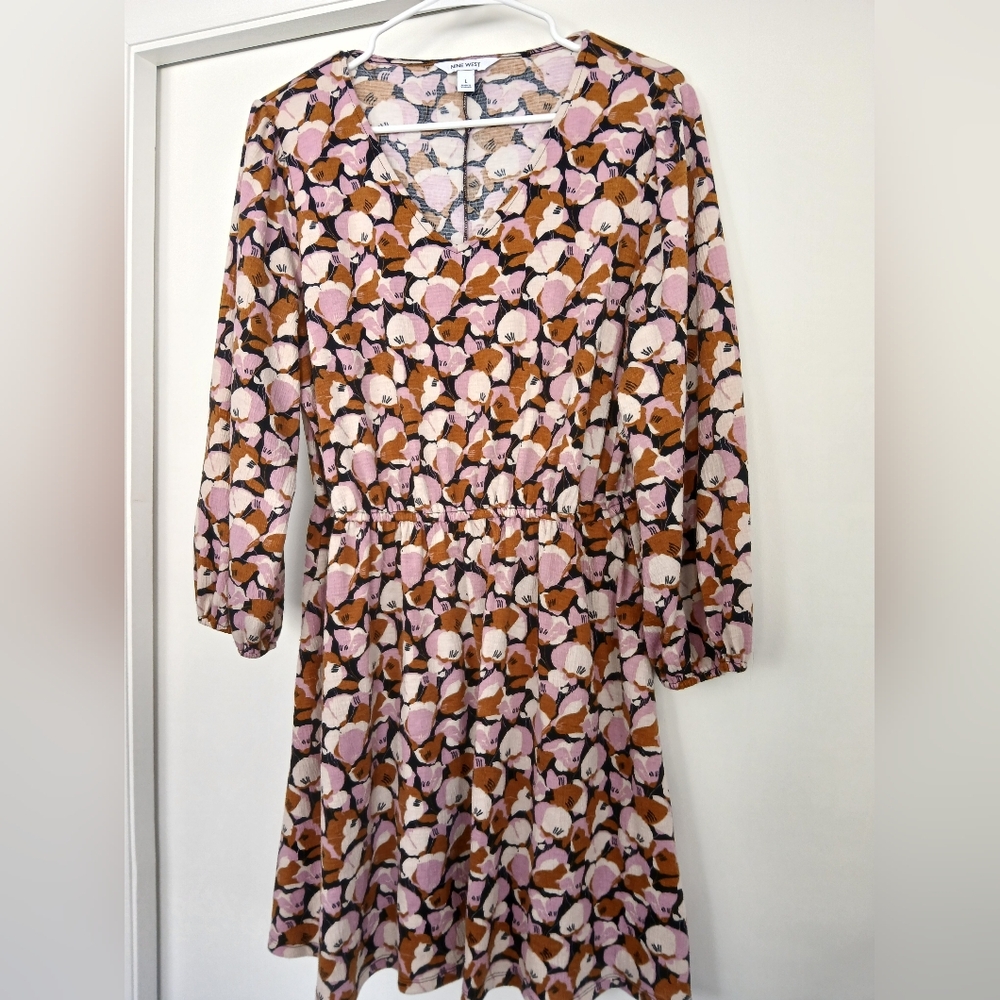 Nine West Pink and Brown Floral Long Sleeve Dress
